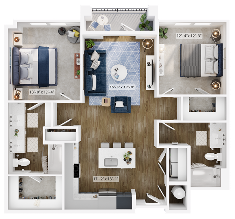 a 3d floor plan of a bedroom with a bathroom and a living room